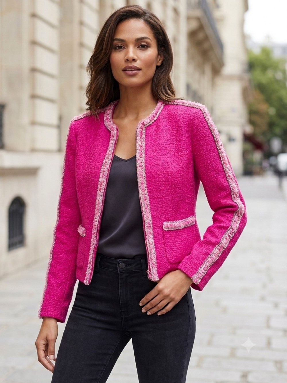 Cabi Hot Pink Trimmed Tweed Zip Front Trophy Jacket Blazer Size M
